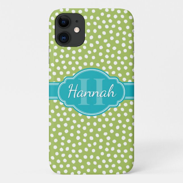 Green White Dotted Pattern Teal Monogram Case-Mate iPhone Case (Back)