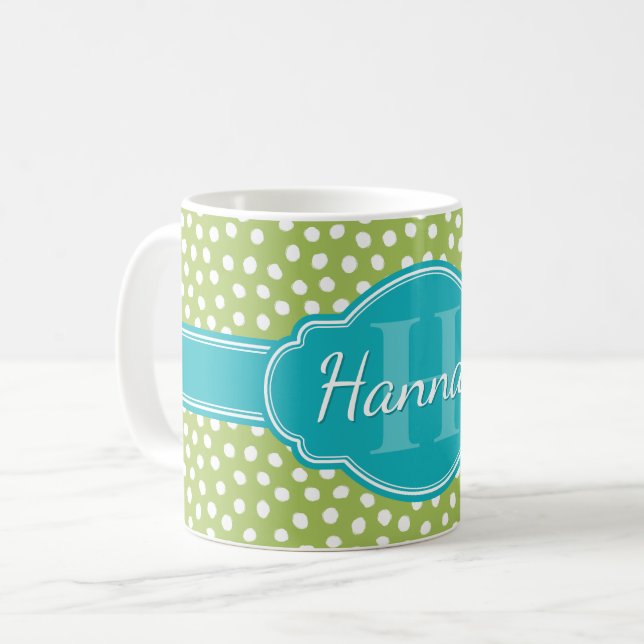 Green White Dotted Pattern Teal Monogram Coffee Mug (Front Left)