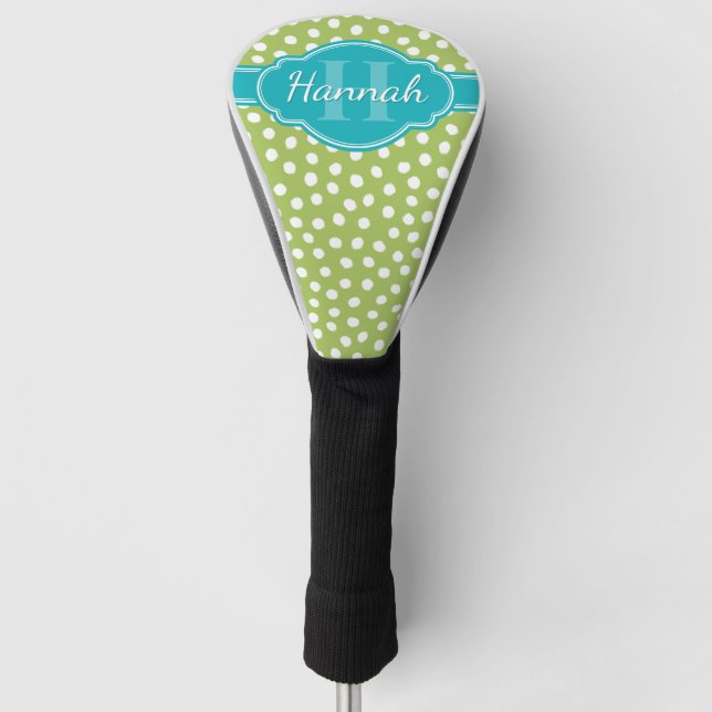 Green White Dotted Pattern Teal Monogram Golf Head Cover (Front)