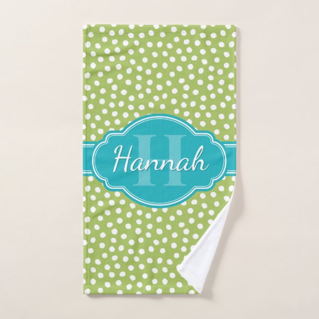 Green White Dotted Pattern Teal Monogram Hand Towel (Hand Towel)