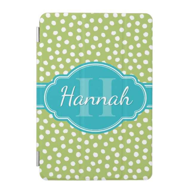 Green White Dotted Pattern Teal Monogram iPad Mini Cover (Front)