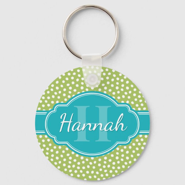Green White Dotted Pattern Teal Monogram Keychain (Front)