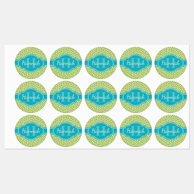 Green White Dotted Pattern Teal Monogram Labels (Sheet)