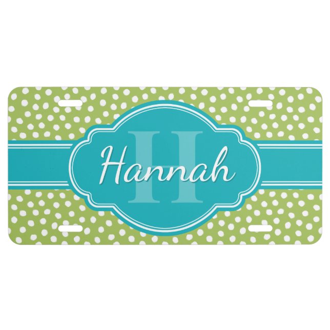 Green White Dotted Pattern Teal Monogram License Plate (Front)