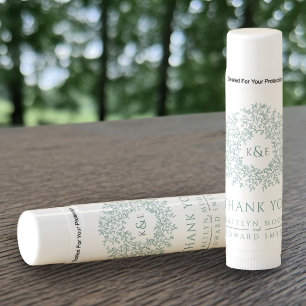 Green white drawn leaf monogram art wedding favor lip balm