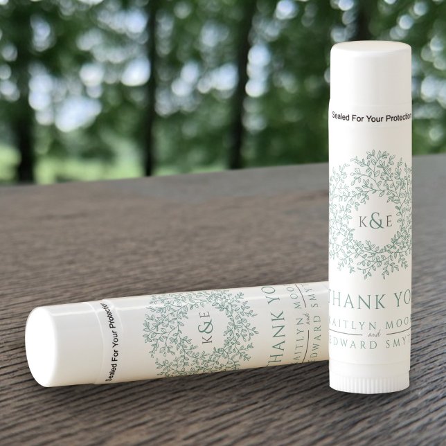 Green white drawn leaf monogram art wedding favor lip balm (Creator Uploaded)