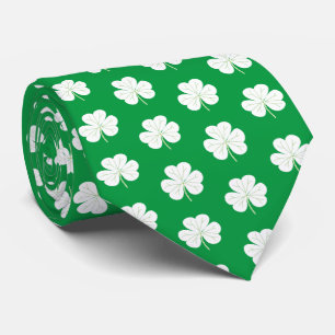 Green White Elegant Irish Shamrock Clover Pattern Neck Tie