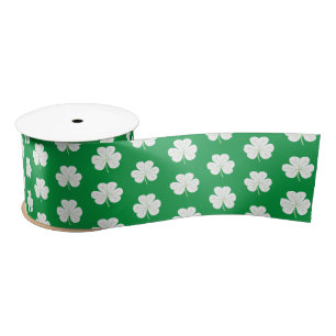 Green White Elegant Irish Shamrock Clover Pattern Satin Ribbon