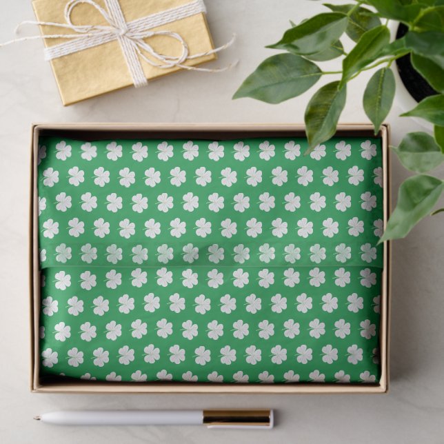 Green White Elegant Irish Shamrock Clover Pattern Tissue Paper (Gift)