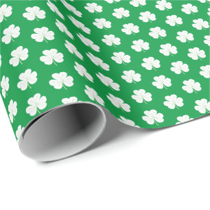 Green White Elegant Irish Shamrock Clover Pattern Wrapping Paper