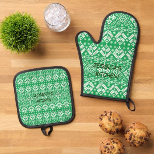 Green  White Fair isle Pattern Background Oven Mitt  Pot Holder Set