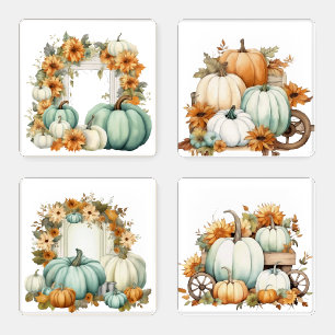 GREEN & WHITE FALL PUMPKINS YELLOW SUNFLOWERS COASTER SET