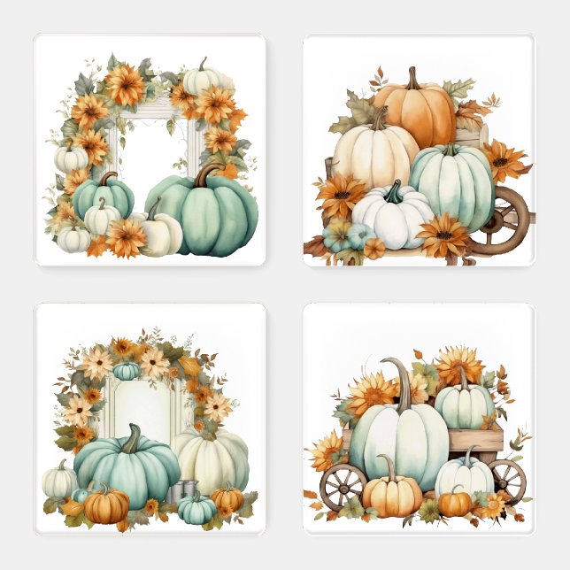 GREEN & WHITE FALL PUMPKINS YELLOW SUNFLOWERS COASTER SET (Set)