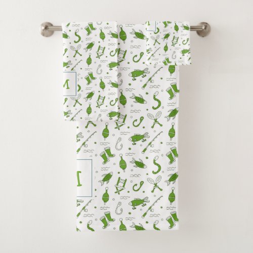 Green White Fishing Seamless Pattern Monogrammed Bath Towel Set