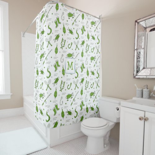Green White Fishing Seamless Pattern Monogrammed Shower Curtain