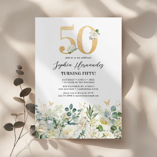 Green & White Floral 50th Birthday Party Invitation