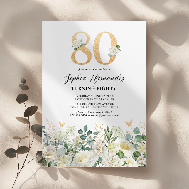Green & White Floral 80th Birthday Party Invitation (Creator Uploaded)