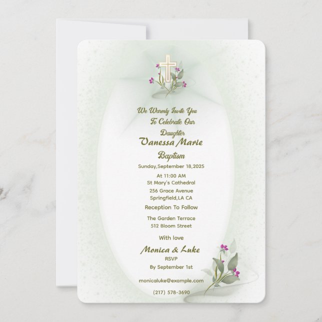 Green&White floral Baptism invitation  (Front)