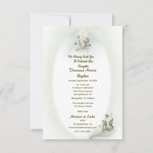 Green&White floral Baptism invitation flat card 