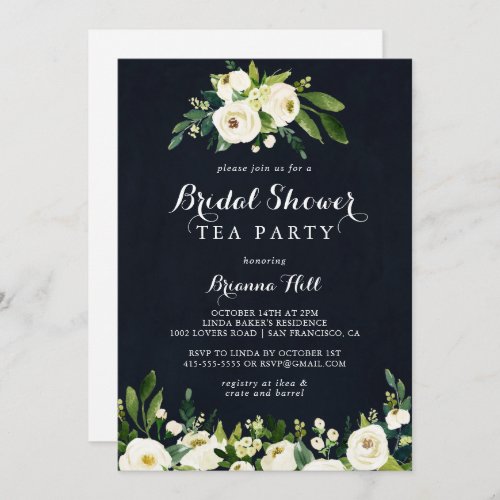 Green White Floral Blue Bridal Shower Tea Party  Invitation