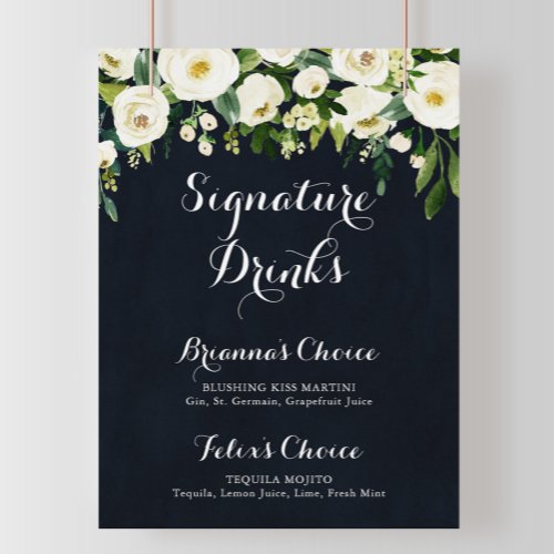 Green White Floral Blue Signature Drinks Sign