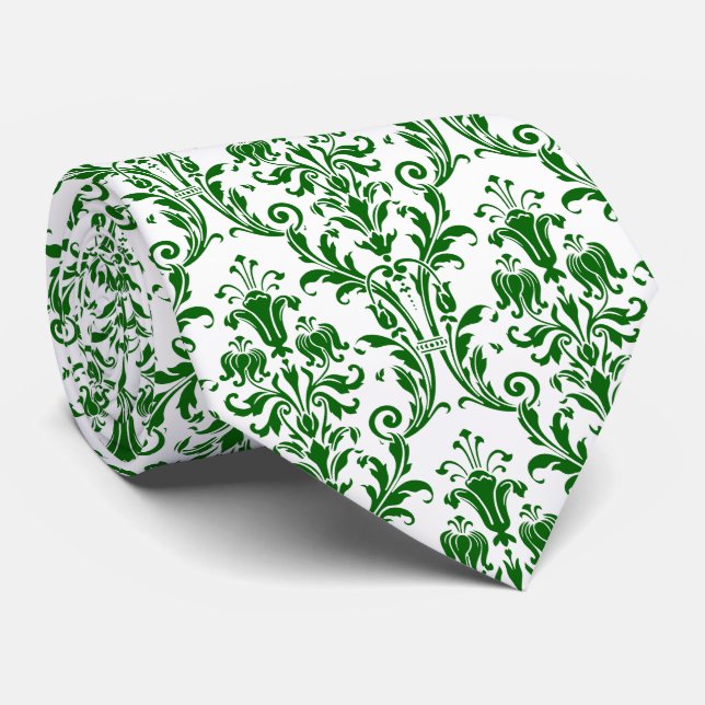 Green White Floral Damask Neck Tie (Rolled)