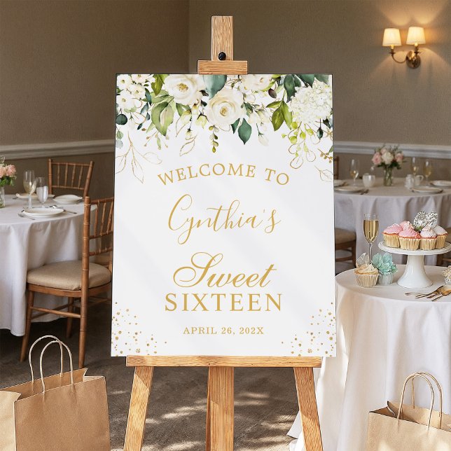 Green White Floral Elegant Sweet Sixteen Birthday Foam Board (Creator Uploaded)