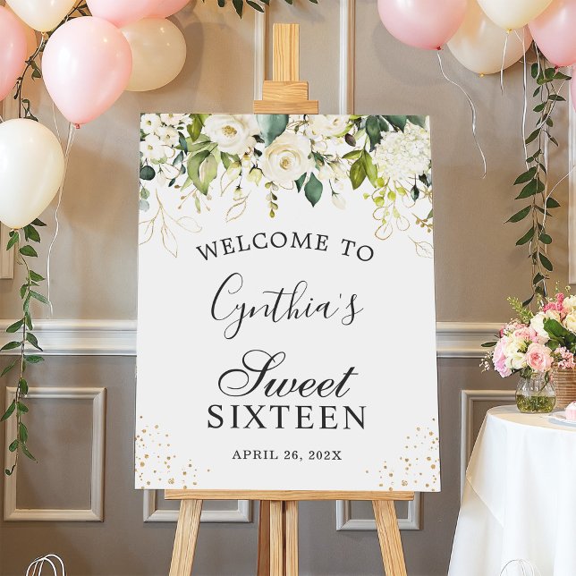 Green White Floral Elegant Sweet Sixteen Birthday Foam Board (Creator Uploaded)