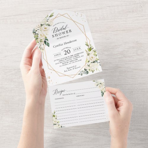 Green White Floral Geometric Bridal Shower Recipe All In One Invitation