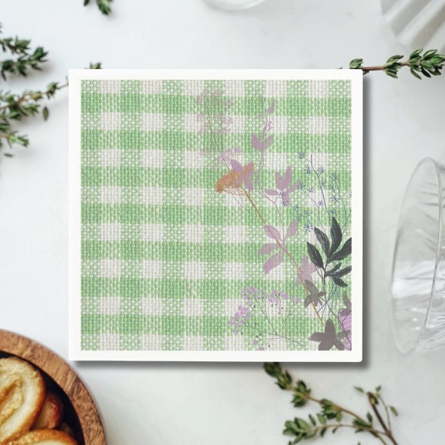 Green White Floral Gingham Plaid Country Farmhouse Napkins (Creator Uploaded)