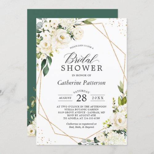 Green White Floral Gold Geometric Bridal Shower Invitation