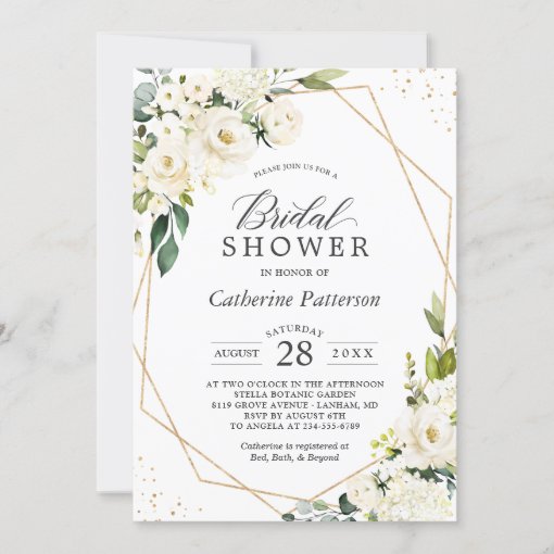 Green White Floral Gold Geometric Bridal Shower Invitation Zazzle 8875