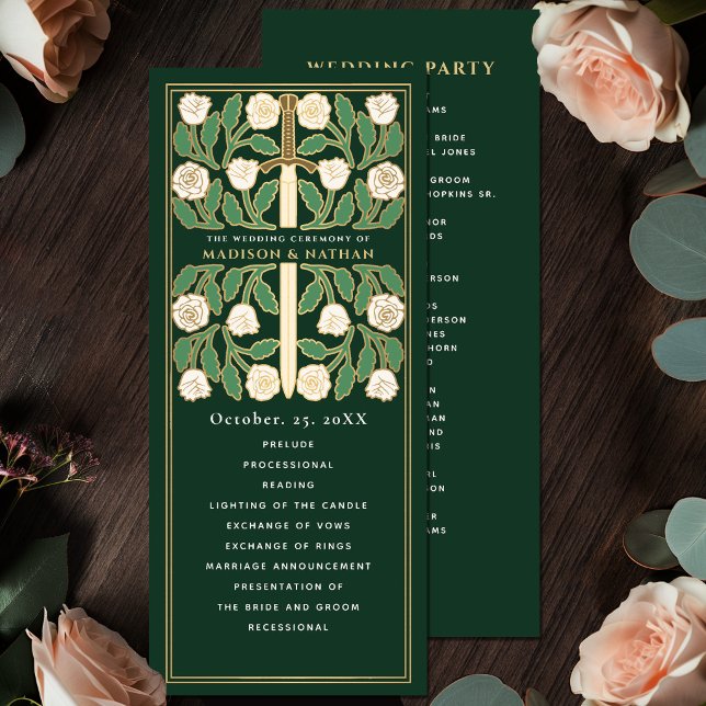 Green White Floral Gold Sword Royal Wedding Program (Creator Uploaded)