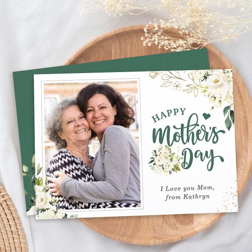 Green White Floral Happy Mothers Day Photo Card