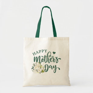 Green White Floral Happy Mother's Day Tote Bag