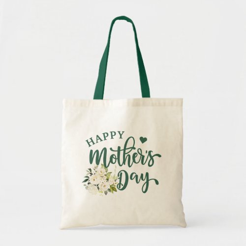 Green White Floral Happy Mothers Day Tote Bag
