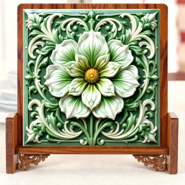 Green & White Floral Harmony Ceramic Tile (Creator Uploaded)
