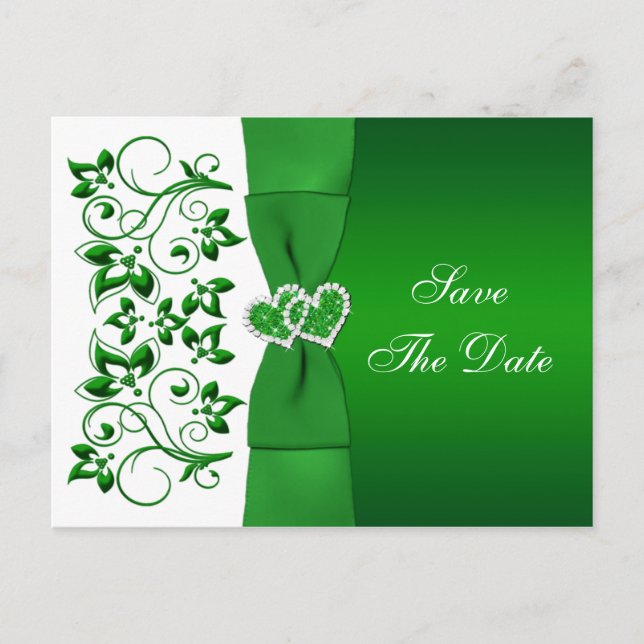 Green, White Floral Hearts Save The Date Post Card (Front)