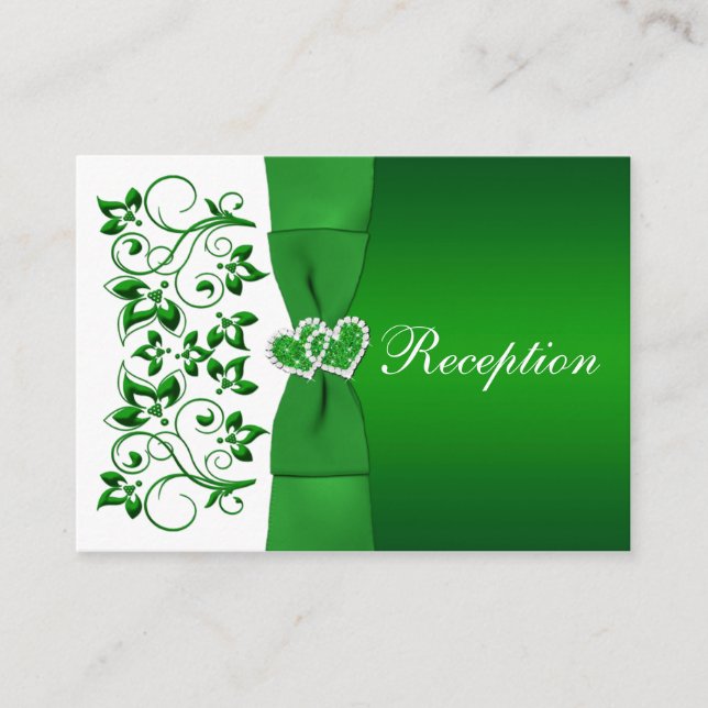 Green, White Floral, Hearts Wedding Reception Card (Front)