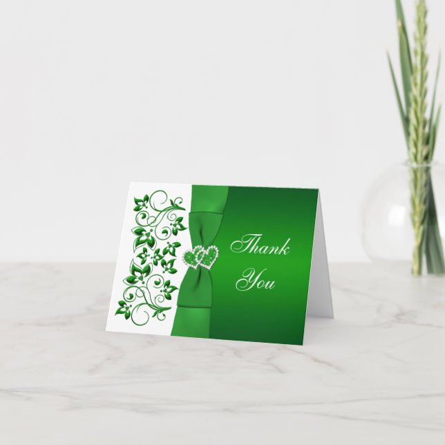 Green, White Floral, Hearts Wedding Thank You Card (Front)