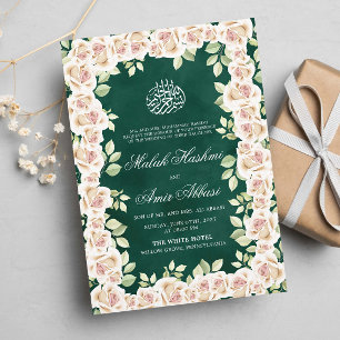 Green White Floral Islamic Muslim Wedding Invitation