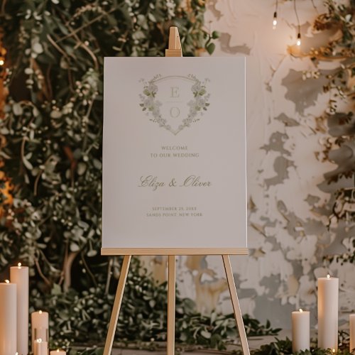 Green White Floral Monogram Crest Wedding Welcome Foam Board