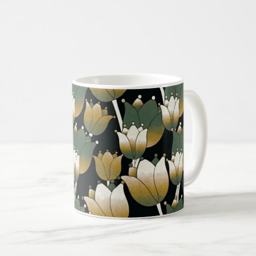 Green White Floral Pattern Background Flower Plant Coffee Mug