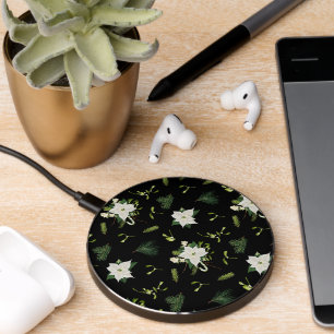 Green White Floral Pattern on Modern Black Wireless Charger