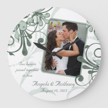 Green White Floral Personalized Photo Template Large Clock by wasootch at Zazzle