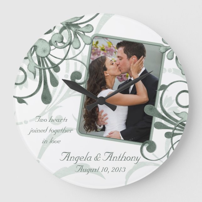 Green White Floral Personalized Photo Template Large Clock (Front)