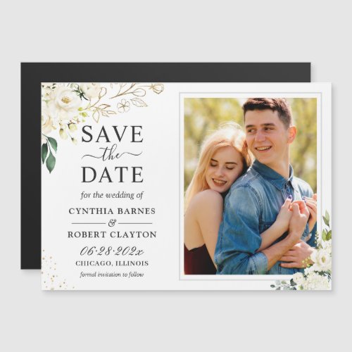 Green White Floral Photo Save the Date Magnet