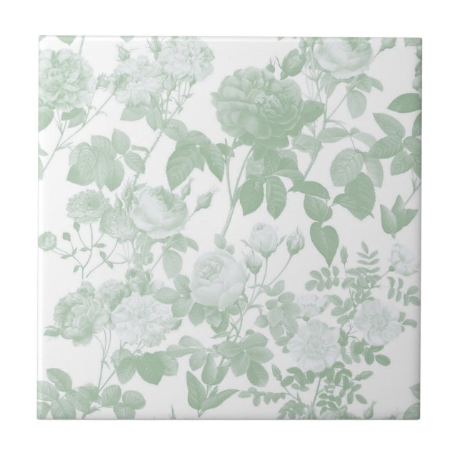 Green White Floral Roses French Pattern Ceramic Tile (Front)