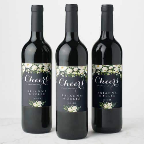 Green White Floral Royal Blue Cheers Wedding  Wine Label
