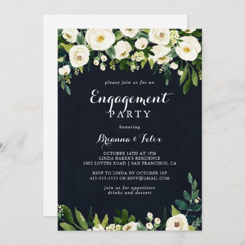 Green White Floral Royal Blue Engagement Party  Invitation